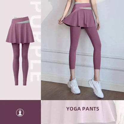 Fitness Yoga Pants With Skirt Women Two Pieces Sports Leggings Gym Push Up Patchwork Crossover High Waist Tight Pants Natalia Home Fashion   PURPLE-XL Natalia Home Fashion