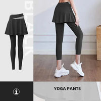 Fitness Yoga Pants With Skirt Women Two Pieces Sports Leggings Gym Push Up Patchwork Crossover High Waist Tight Pants Natalia Home Fashion   black-S Natalia Home Fashion