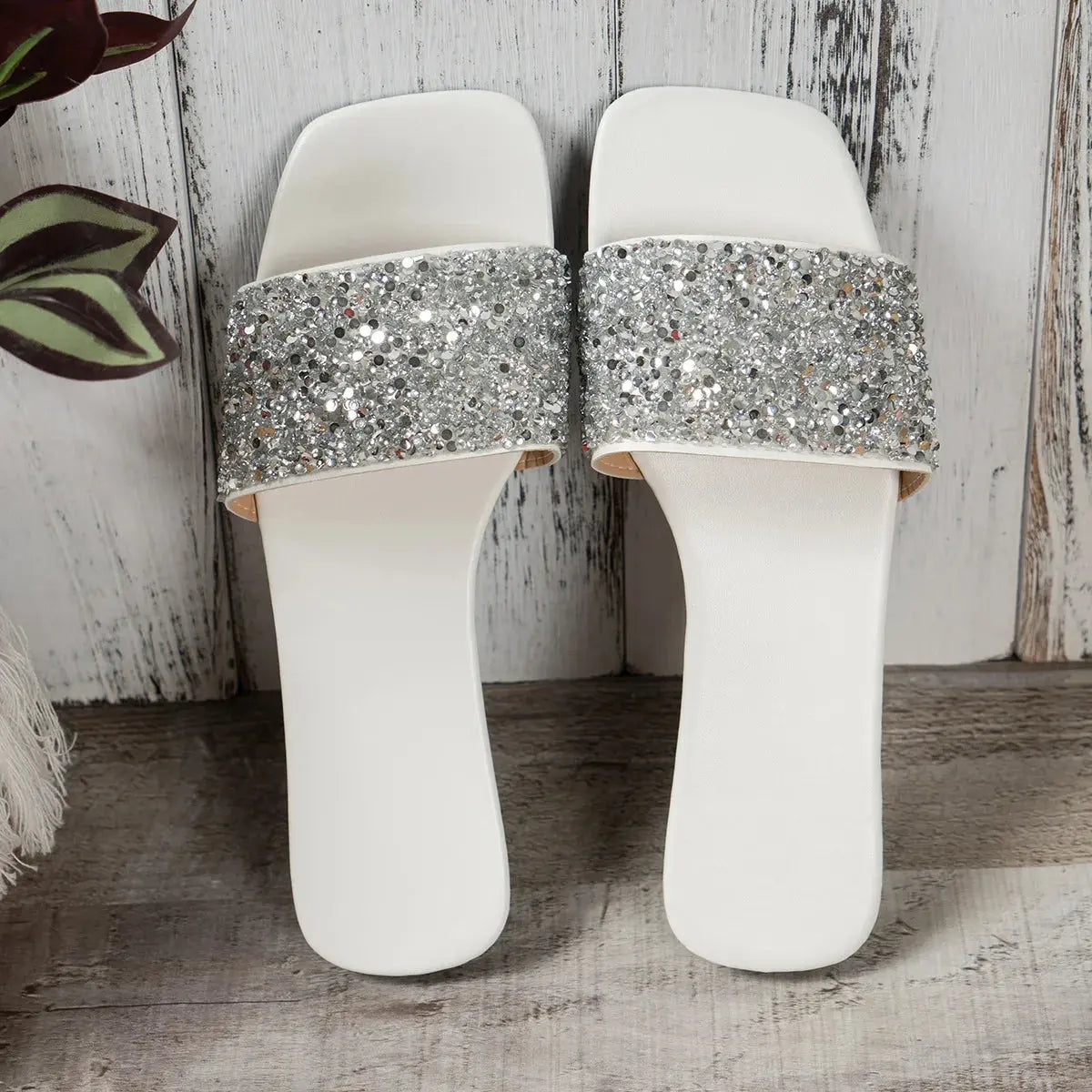 Flat Slippers for Women  Summer Designer  Big Size Rhinestone Flip-flops Ladies Fashion Semi Formal  Sequin Slipper Shoes Woman Natalia Home Fashion   White-36 Natalia Home Fashion