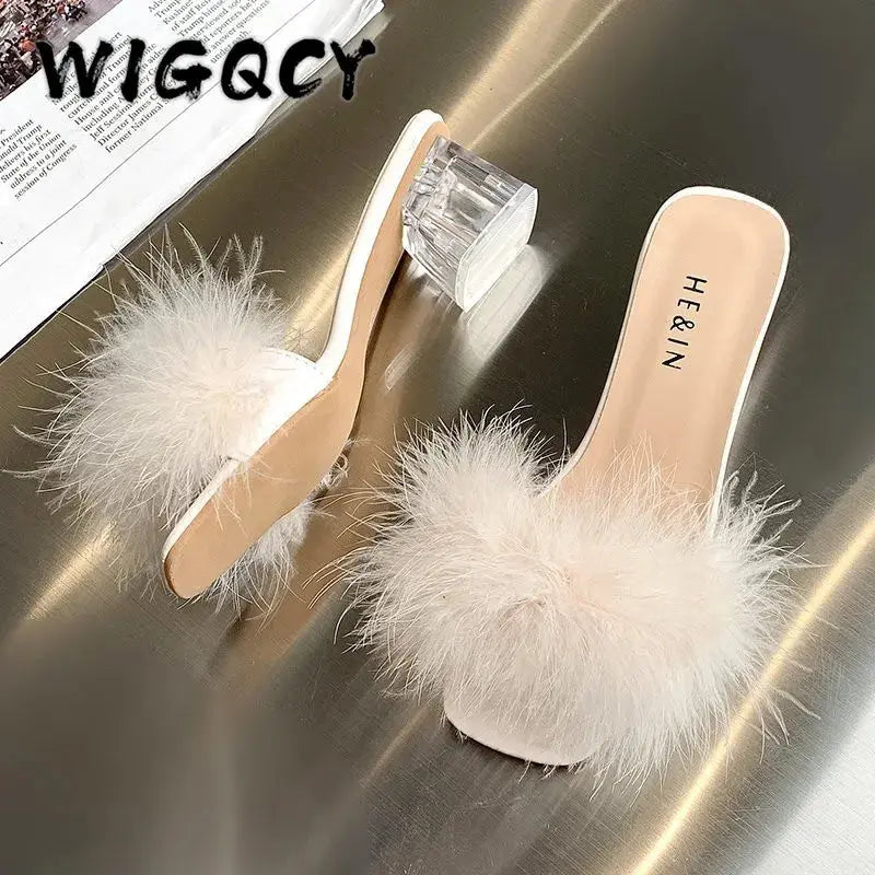 Fluffy Peep Toe Sexy High Heels Women Shoes Fur Feather Lady Fashion Wedding Slip-On Square Toe Women Sandals Natalia Home Fashion    Natalia Home Fashion