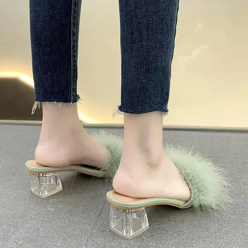 Fluffy Peep Toe Sexy High Heels Women Shoes Fur Feather Lady Fashion Wedding Slip-On Square Toe Women Sandals Natalia Home Fashion    Natalia Home Fashion