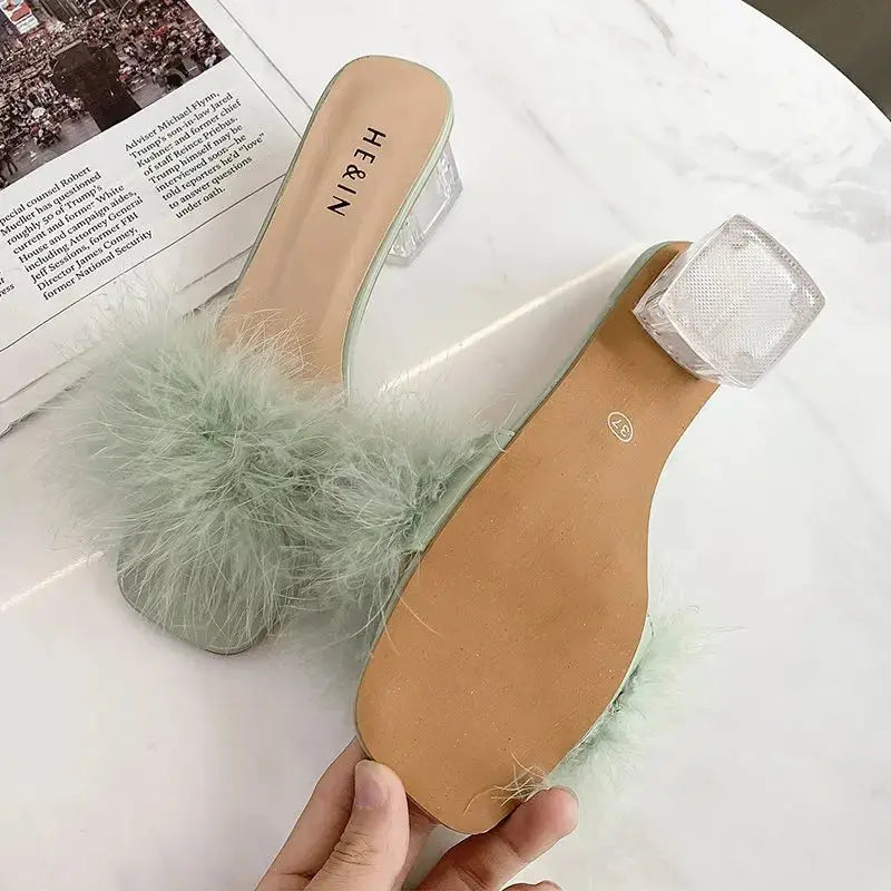 Fluffy Peep Toe Sexy High Heels Women Shoes Fur Feather Lady Fashion Wedding Slip-On Square Toe Women Sandals Natalia Home Fashion    Natalia Home Fashion