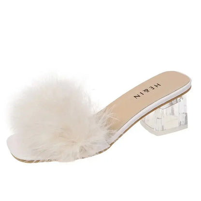 Fluffy Peep Toe Sexy High Heels Women Shoes Fur Feather Lady Fashion Wedding Slip-On Square Toe Women Sandals Natalia Home Fashion   Beige-43 Natalia Home Fashion