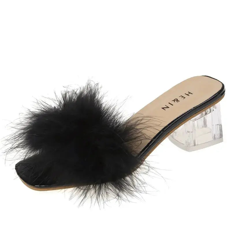 Fluffy Peep Toe Sexy High Heels Women Shoes Fur Feather Lady Fashion Wedding Slip-On Square Toe Women Sandals Natalia Home Fashion   Black-43 Natalia Home Fashion