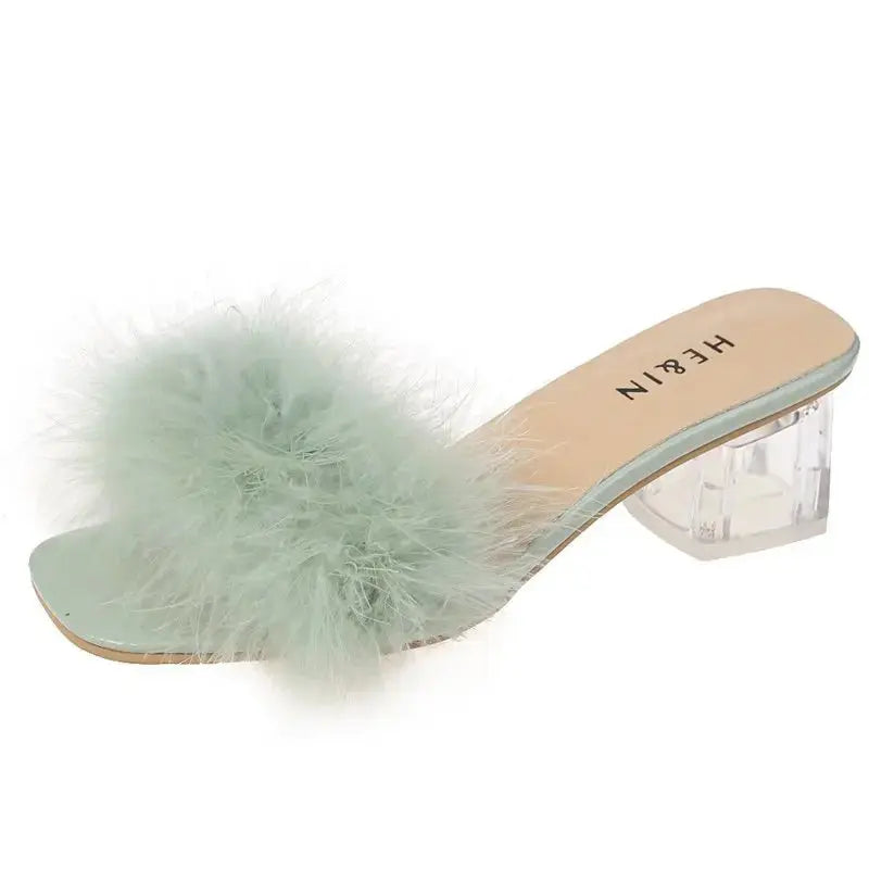 Fluffy Peep Toe Sexy High Heels Women Shoes Fur Feather Lady Fashion Wedding Slip-On Square Toe Women Sandals Natalia Home Fashion   Green-43 Natalia Home Fashion