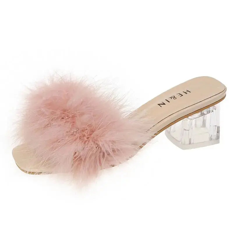 Fluffy Peep Toe Sexy High Heels Women Shoes Fur Feather Lady Fashion Wedding Slip-On Square Toe Women Sandals Natalia Home Fashion   Pink-43 Natalia Home Fashion