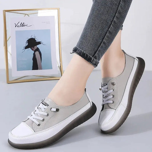 Genuine Leather Vulcanized Shoes Women Jogging Sneakers Woman Lace Up Flat Walking Trainers Fitness Cross-training Natalia Home Fashion   9025-Grey-41 Natalia Home Fashion