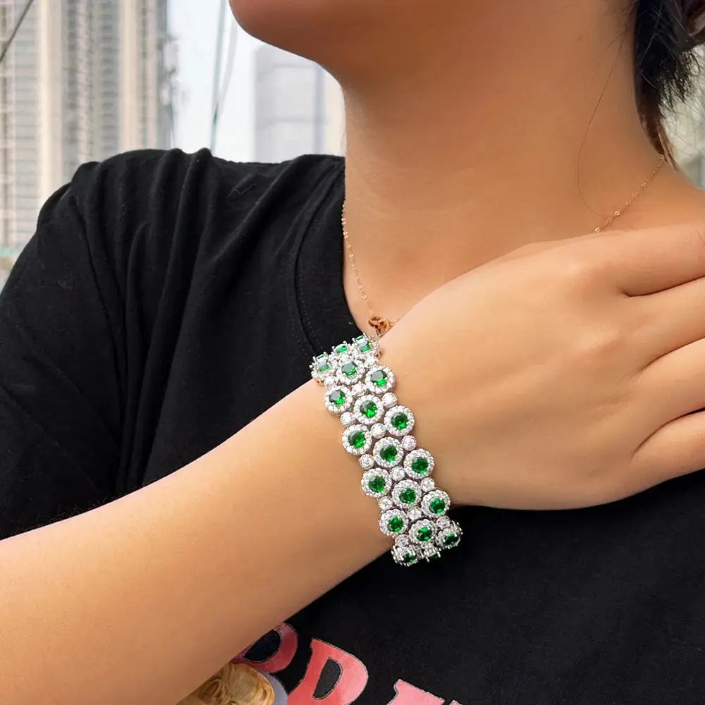 Gorgeous Green White Cubic Zirconia Large Wide Bracelets Bangles Luxury Wedding Banquet Party Jewelry for Women Natalia Home Fashion    Natalia Home Fashion