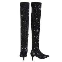 Women Fashion Crystal Sock Boots Stretch Flock Over The Knee Long Boots Pointed Toe Zipper High Heels Woman Shoes