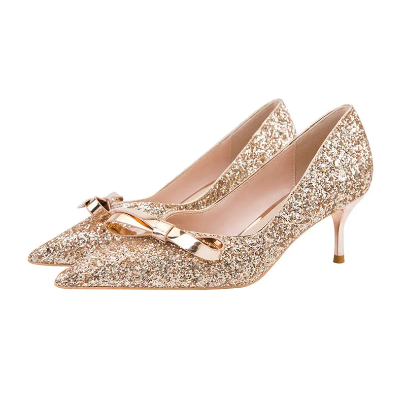 Sweet Female Pumps Party Shoes High Heels 6cm Pointed Toe Bridal Glitter Butterfly-knot Sequins Women's Wedding Shoes