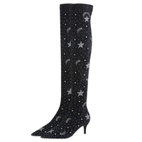 Women Fashion Crystal Sock Boots Stretch Flock Over The Knee Long Boots Pointed Toe Zipper High Heels Woman Shoes