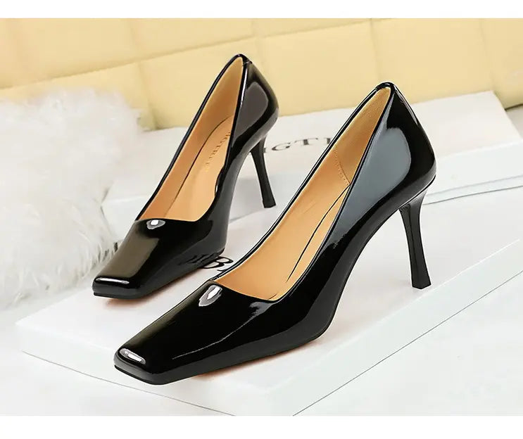 Shoes Square Toe Women  Patent Leather High Heels stiletto shoes Career Office Shoes Sexy Party Shoes Women My Store Heels   Natalia Home Fashion