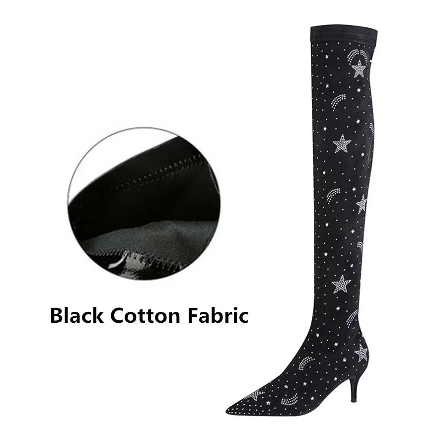 Women Fashion Crystal Sock Boots Stretch Flock Over The Knee Long Boots Pointed Toe Zipper High Heels Woman Shoes