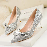 Sweet Female Pumps Party Shoes High Heels 6cm Pointed Toe Bridal Glitter Butterfly-knot Sequins Women's Wedding Shoes