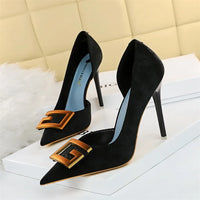 Metal Buckle Fashion High Heels Shoes Women Pumps Pointy Toe Soft Fabric Sexy Side Hollow Female Wedding Dress Shoe