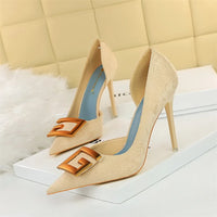 Metal Buckle Fashion High Heels Shoes Women Pumps Pointy Toe Soft Fabric Sexy Side Hollow Female Wedding Dress Shoe