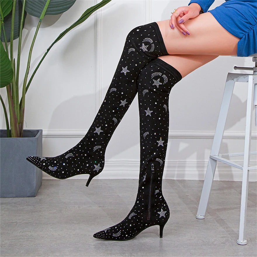 Women Fashion Crystal Sock Boots Stretch Flock Over The Knee Long Boots Pointed Toe Zipper High Heels Woman Shoes