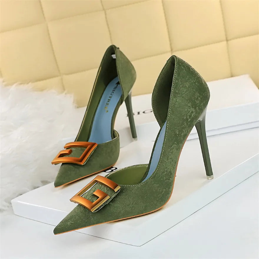 Metal Buckle Fashion High Heels Shoes Women Pumps Pointy Toe Soft Fabric Sexy Side Hollow Female Wedding Dress Shoe