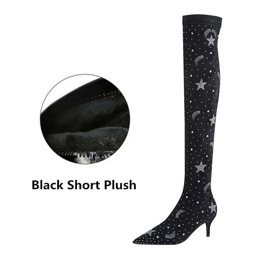 Women Fashion Crystal Sock Boots Stretch Flock Over The Knee Long Boots Pointed Toe Zipper High Heels Woman Shoes