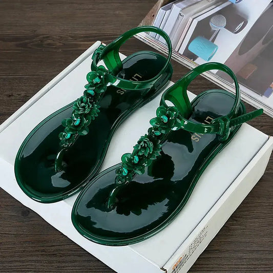 Handwork Flower Women jelly Sandals  Clip Toe Flip Flops Shoes Female Flat Casual Beach Holiday Non-slip Slippers Natalia Home Fashion   green-40 Natalia Home Fashion