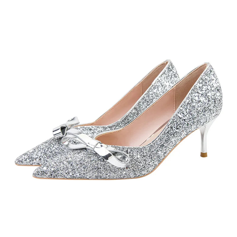 Sweet Female Pumps Party Shoes High Heels 6cm Pointed Toe Bridal Glitter Butterfly-knot Sequins Women's Wedding Shoes