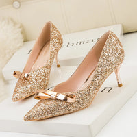 Sweet Female Pumps Party Shoes High Heels 6cm Pointed Toe Bridal Glitter Butterfly-knot Sequins Women's Wedding Shoes