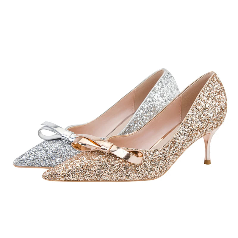 Sweet Female Pumps Party Shoes High Heels 6cm Pointed Toe Bridal Glitter Butterfly-knot Sequins Women's Wedding Shoes