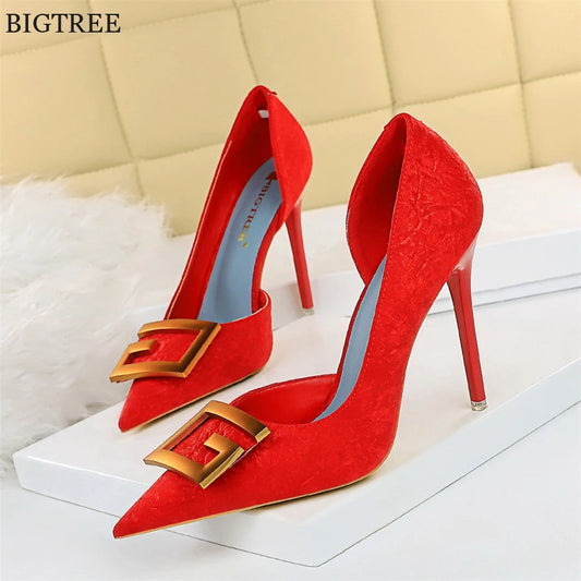 Metal Buckle Fashion High Heels Shoes Women Pumps Pointy Toe Soft Fabric Sexy Side Hollow Female Wedding Dress Shoe