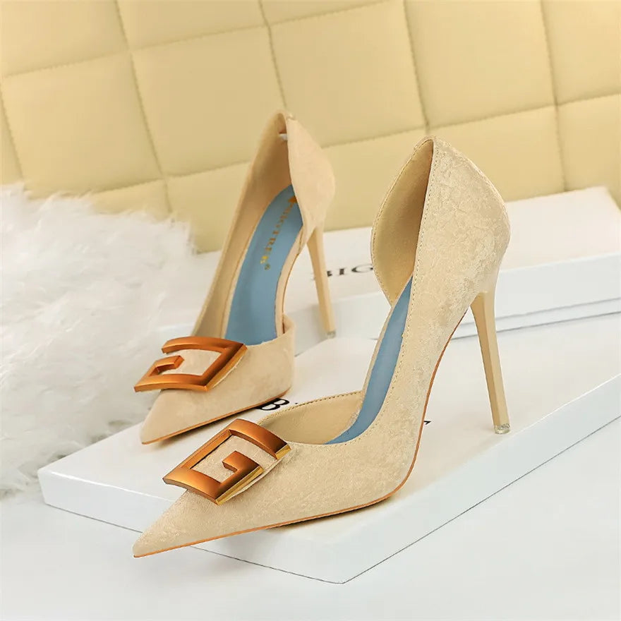 Metal Buckle Fashion High Heels Shoes Women Pumps Pointy Toe Soft Fabric Sexy Side Hollow Female Wedding Dress Shoe