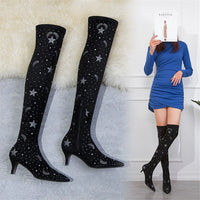 Women Fashion Crystal Sock Boots Stretch Flock Over The Knee Long Boots Pointed Toe Zipper High Heels Woman Shoes