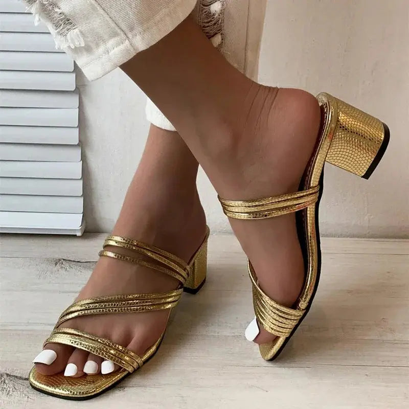 High Heels Sandals Women's Shoes Trends Sexy Gold Fashion Slippers Square Toe Thick With Luxury Party Shoes Natalia Home Fashion    Natalia Home Fashion