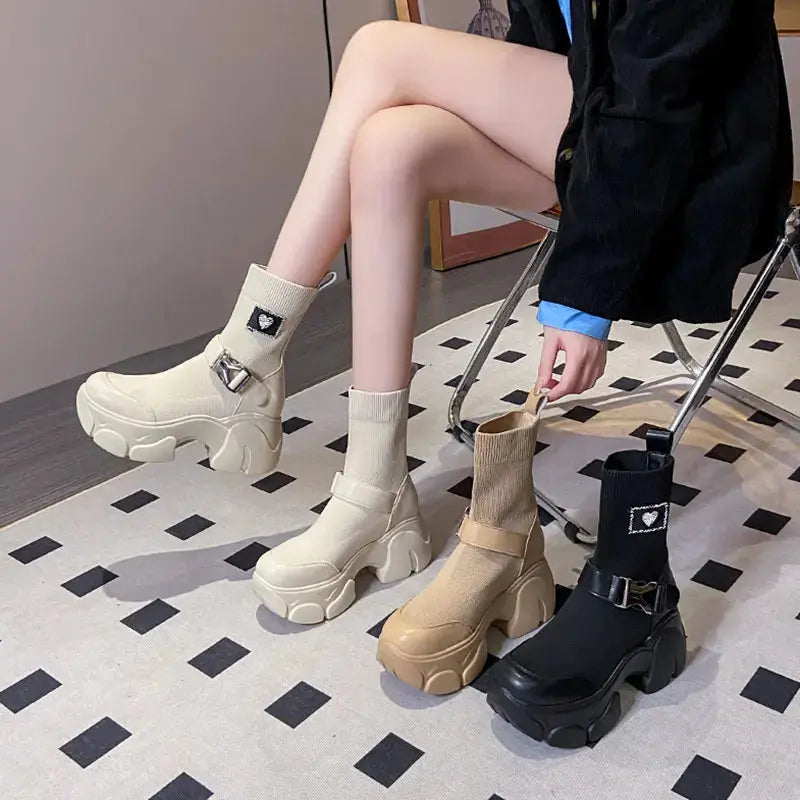 High Quality Comfortable Knitting Stitching Platform Ankle Boots Thick Sole Slip On Boots Women Shoes My Store