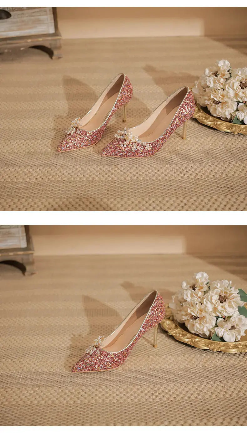 High Quality Custom Ladies Wedding Party Shoes Luxury Rhinestone Pointed Women's Shoes Bow Decorative Red High Heels My Store