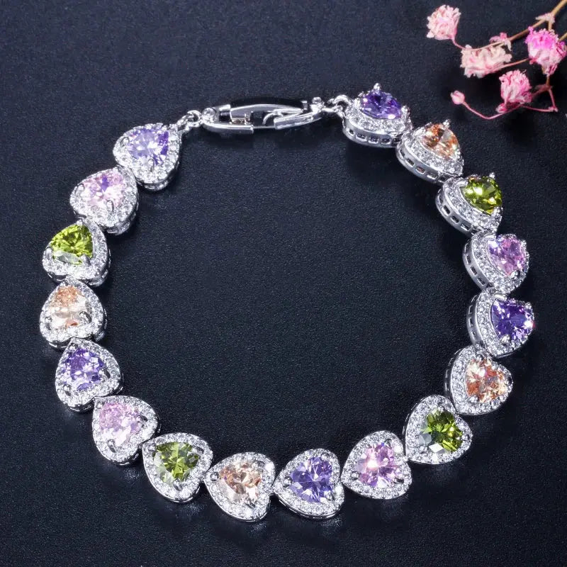 High Quality Royal Blue Cubic Zirconia Silver Color Love Heart CZ Bracelet for Women Party Jewelry Natalia Home Fashion   18cm-Multicolor Natalia Home Fashion