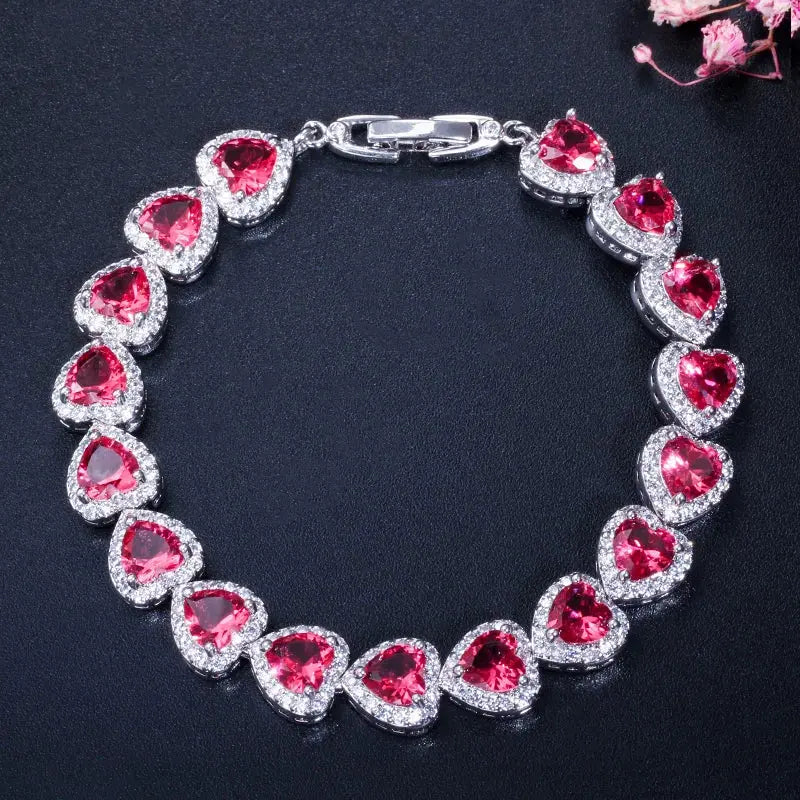 High Quality Royal Blue Cubic Zirconia Silver Color Love Heart CZ Bracelet for Women Party Jewelry Natalia Home Fashion   18cm-Red Natalia Home Fashion