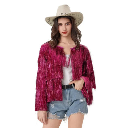 Jacket Women Coat  Club Coat Long Sleeve Trendy Fashion Sequins Tassel  Jacket  festival open front  carnival Natalia Home Fashion   fuchsia-L-CHINA Natalia Home Fashion