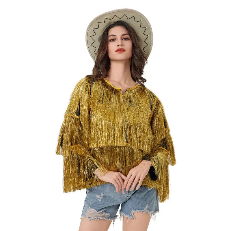 Jacket Women Coat  Club Coat Long Sleeve Trendy Fashion Sequins Tassel  Jacket  festival open front  carnival Natalia Home Fashion   gold-L-CHINA Natalia Home Fashion