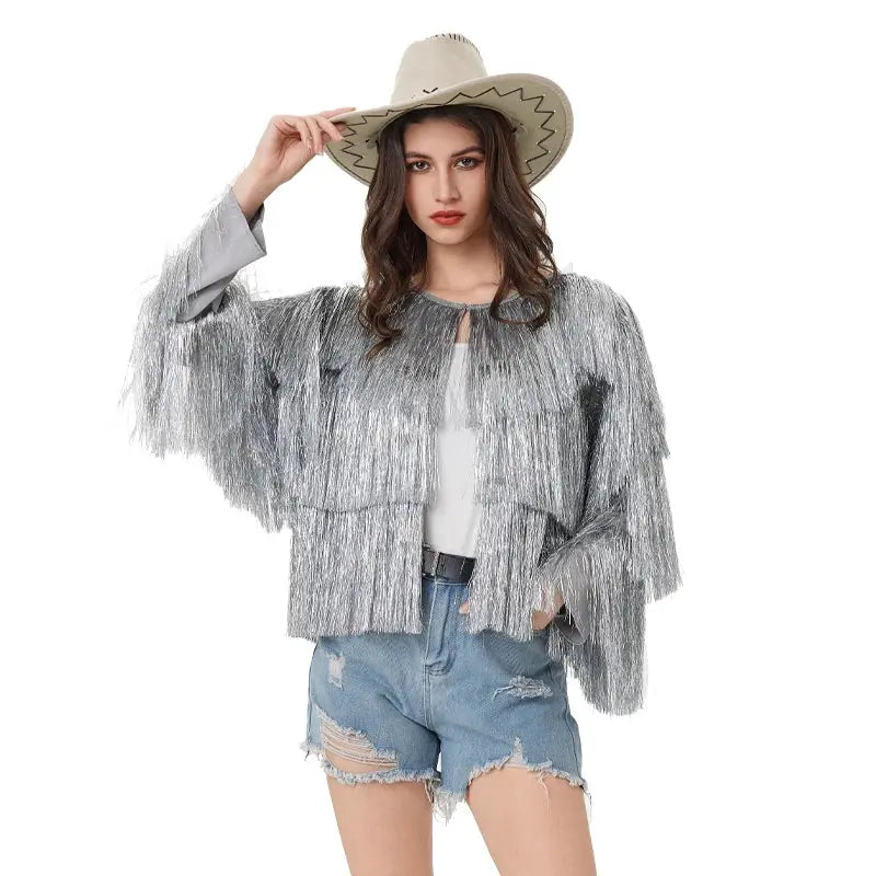 Jacket Women Coat  Club Coat Long Sleeve Trendy Fashion Sequins Tassel  Jacket  festival open front  carnival Natalia Home Fashion   silver-L-CHINA Natalia Home Fashion