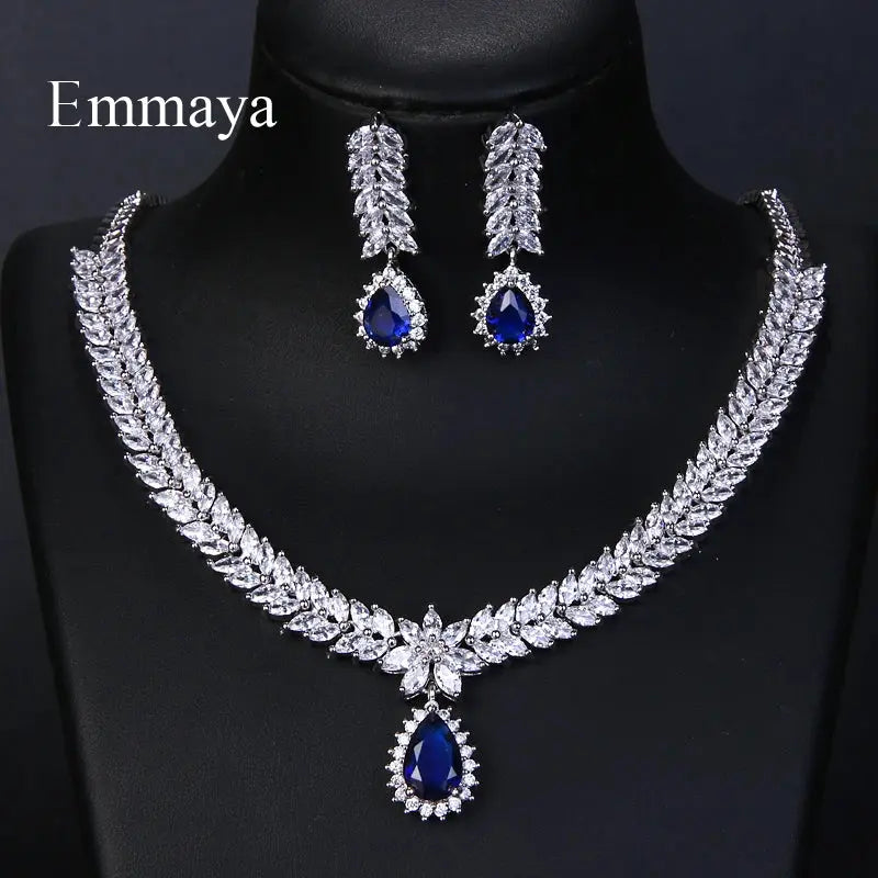 Luxury AAA Cubic Zircon 4 Colors Water Drop Wedding Earrings Necklace For Women Bridal Jewelry Sets Party Set Natalia Home Fashion    Natalia Home Fashion