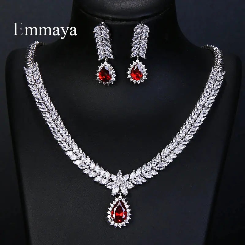 Luxury AAA Cubic Zircon 4 Colors Water Drop Wedding Earrings Necklace For Women Bridal Jewelry Sets Party Set Natalia Home Fashion    Natalia Home Fashion