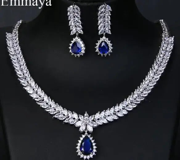 Luxury AAA Cubic Zircon 4 Colors Water Drop Wedding Earrings Necklace For Women Bridal Jewelry Sets Party Set Natalia Home Fashion   blue Natalia Home Fashion