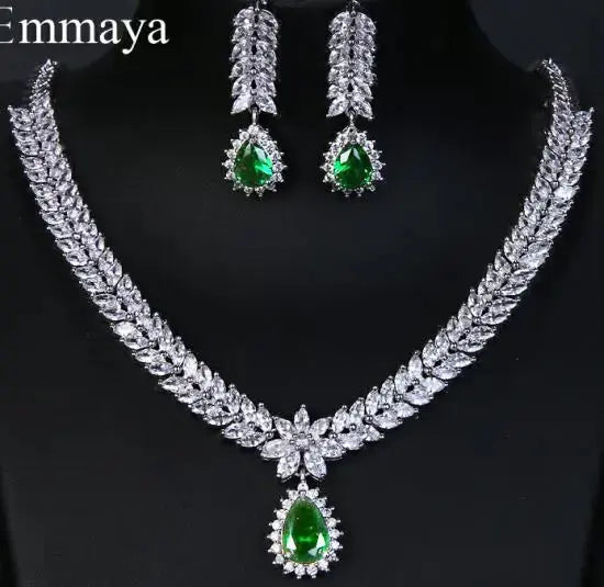 Luxury AAA Cubic Zircon 4 Colors Water Drop Wedding Earrings Necklace For Women Bridal Jewelry Sets Party Set Natalia Home Fashion   green Natalia Home Fashion