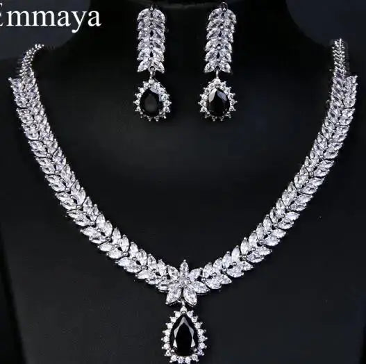 Luxury AAA Cubic Zircon 4 Colors Water Drop Wedding Earrings Necklace For Women Bridal Jewelry Sets Party Set Natalia Home Fashion   black Natalia Home Fashion