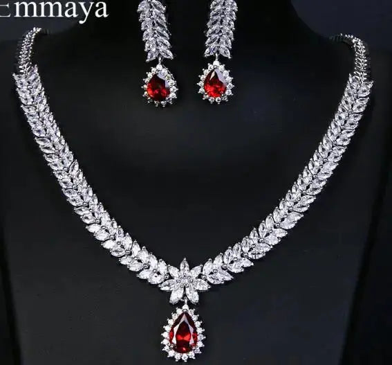 Luxury AAA Cubic Zircon 4 Colors Water Drop Wedding Earrings Necklace For Women Bridal Jewelry Sets Party Set Natalia Home Fashion   red Natalia Home Fashion