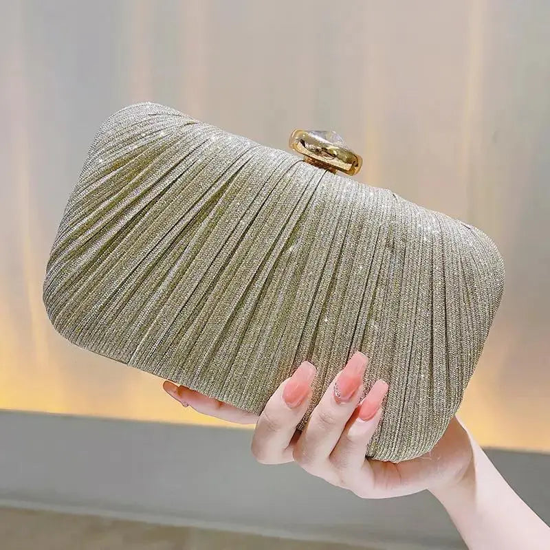 Luxury Rhinestone and Glitter Purse Box-Shaped Evening Bag for Women Solid Pattern Pleated Wedding Clutch for Parties My Store