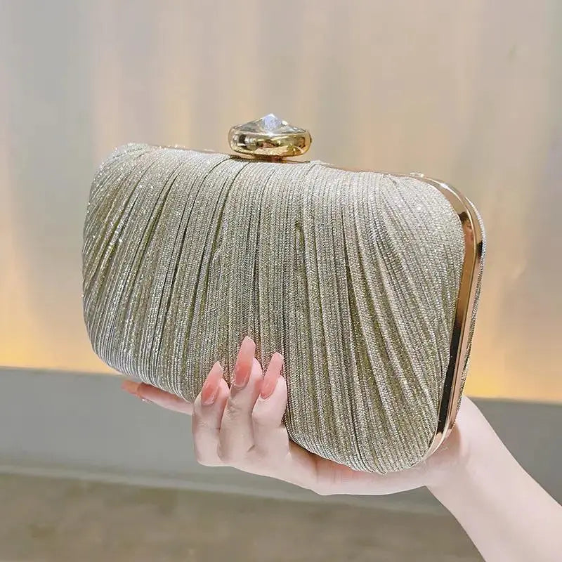 Luxury Rhinestone and Glitter Purse Box-Shaped Evening Bag for Women Solid Pattern Pleated Wedding Clutch for Parties My Store