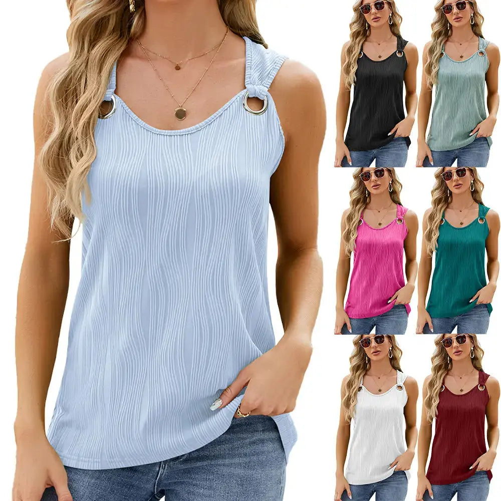 New Solid Color Round Neck Sleeveless Vest Metal Ring Loose Top My Store