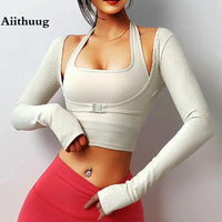 Padded Gym Shirts Long Sleeve Women Yoga Shirts  Two Pieces Fitness Tops with Under bust wired Sexy Workout Top Natalia Home Fashion    Natalia Home Fashion