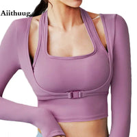 Padded Gym Shirts Long Sleeve Women Yoga Shirts  Two Pieces Fitness Tops with Under bust wired Sexy Workout Top Natalia Home Fashion    Natalia Home Fashion