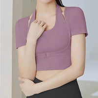 Padded Gym Shirts Long Sleeve Women Yoga Shirts  Two Pieces Fitness Tops with Under bust wired Sexy Workout Top Natalia Home Fashion   purple-short-sleeve-M Natalia Home Fashion